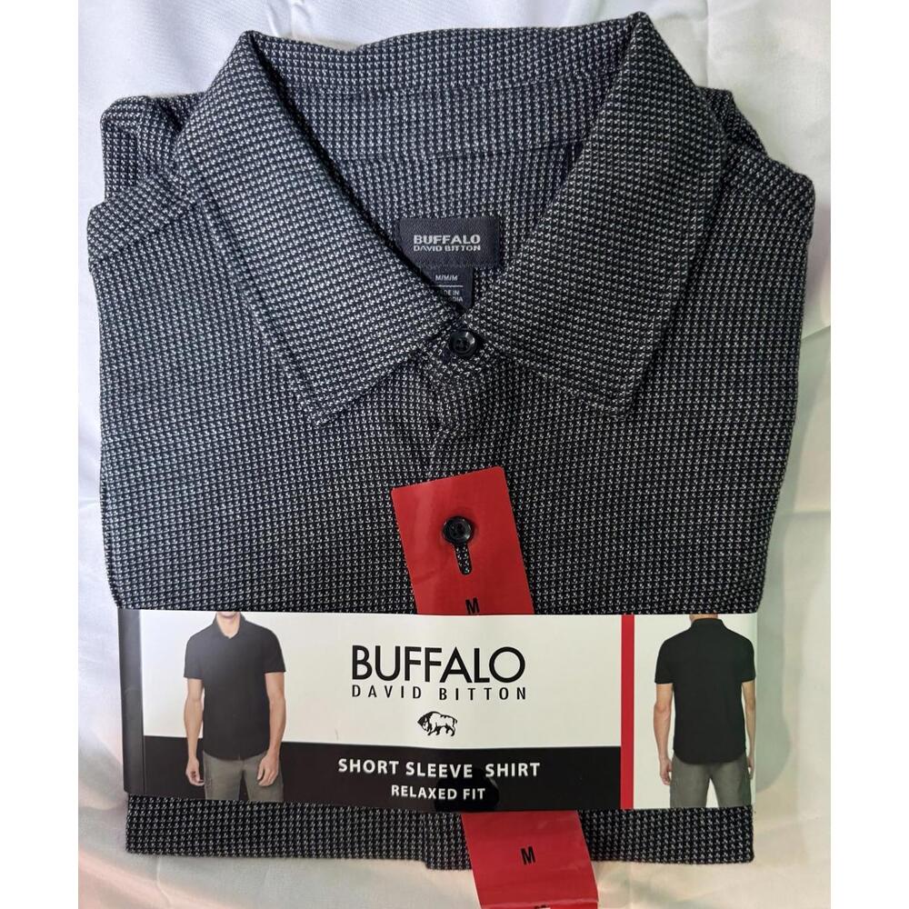 BUFFALO David Britton Relaxed Fit Short Sleeve Button Up Black Shirt Mens Size M